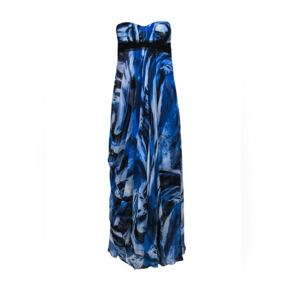 BCBGMaxAzria Maxi Dress Blue White & Black Marbled Strapless Silklike Maxi Sz 2